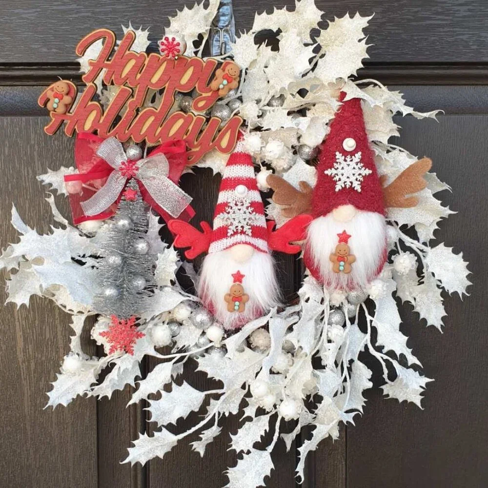 Christmas Handmade Red Gnomes Silver Wreath Home Office Decor Door Wall Hanger